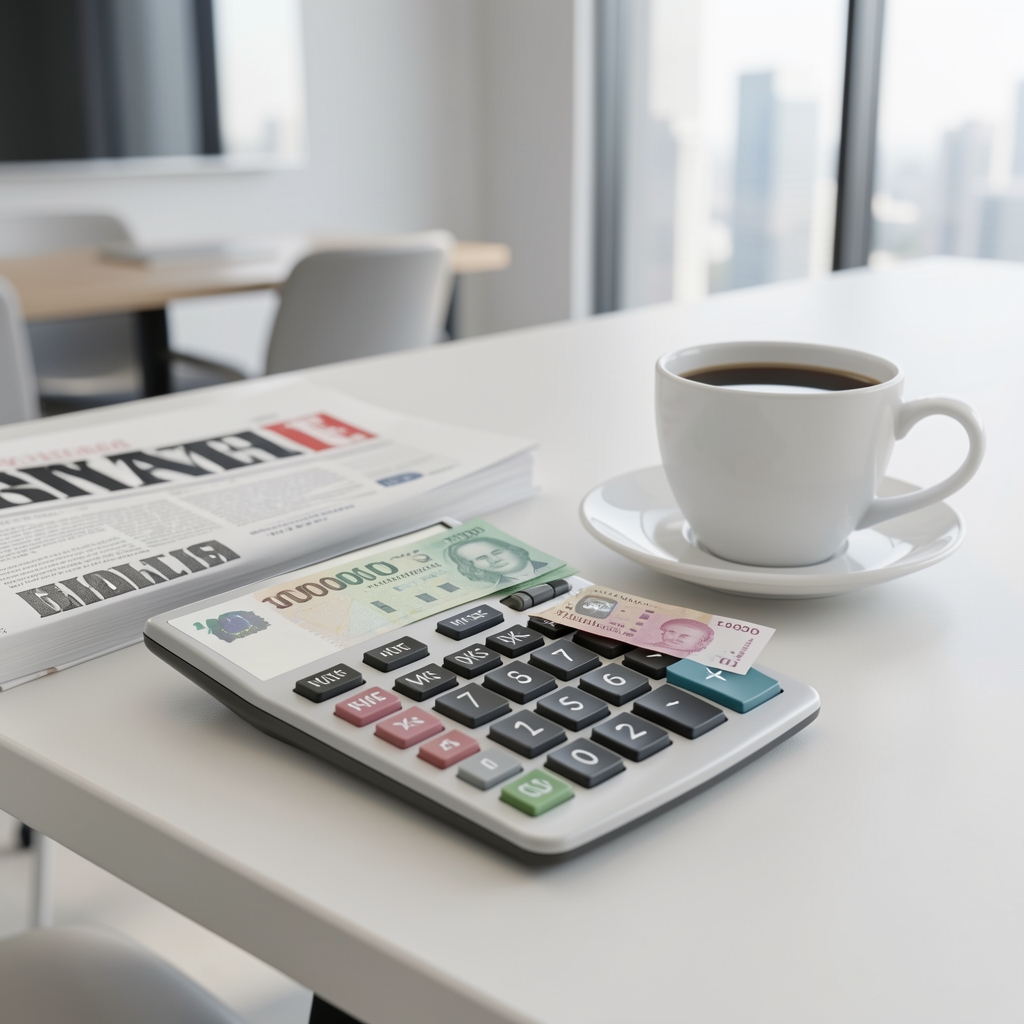 Finansal gazete ve hesap makinesi üzerinde Türk lirası banknot ve kahve fincanı