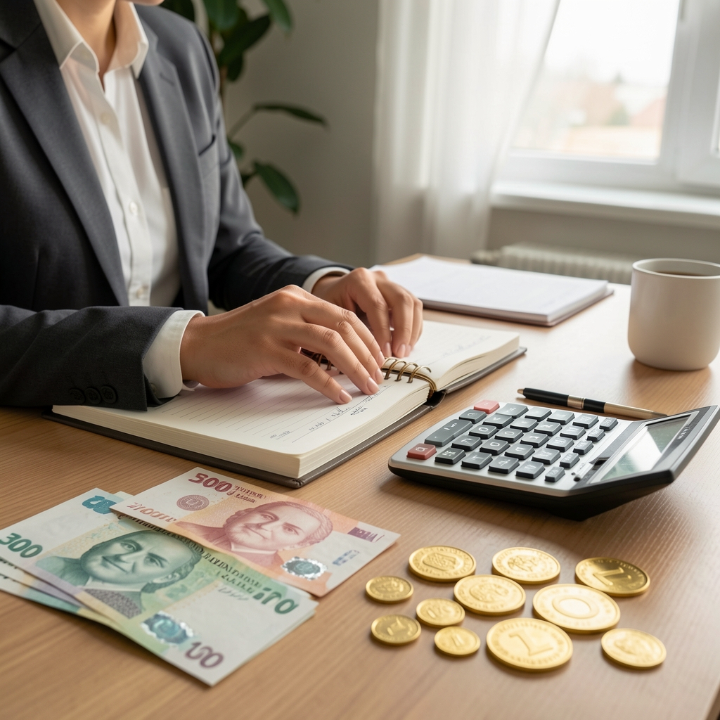 Türk lirası banknotları ve altın sikkelerin yanında not defteri ve hesap makinesi ile kişisel tasarruf planlaması yapan kişi, masaüstü ortamı