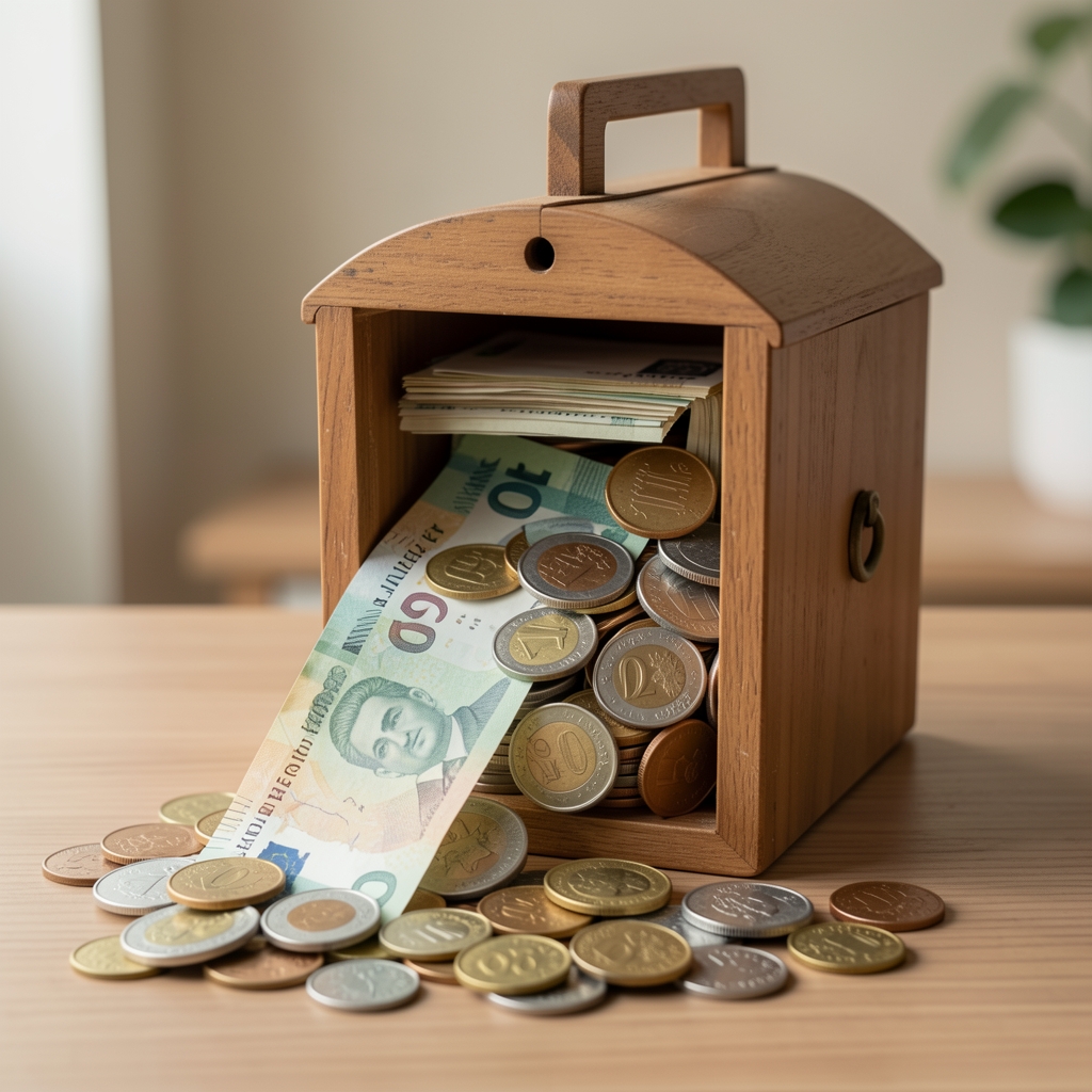 Türk lirası banknot ve bozuk para yığını ile tasarruf kumbarası, kişisel bütçe yönetimi konsepti