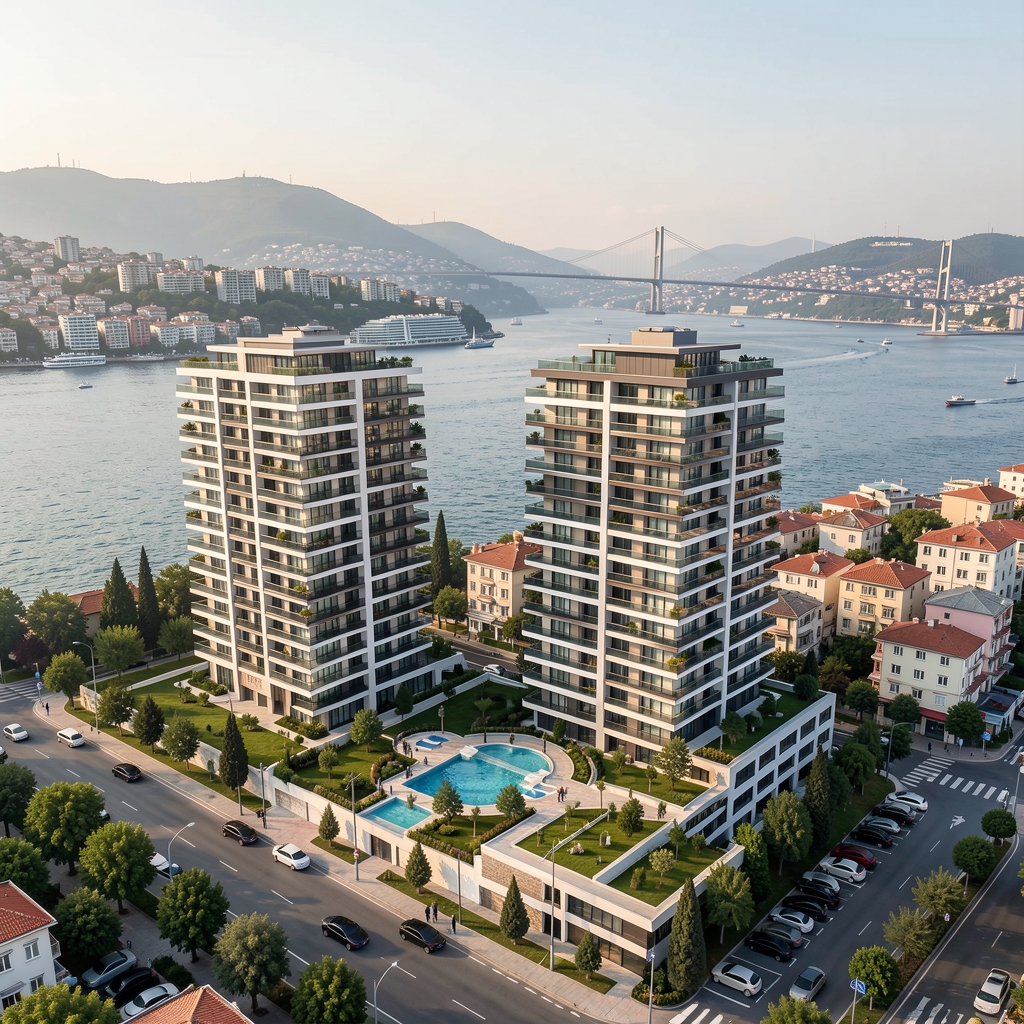İstanbul Boğazı manzaralı modern yüksek katlı konut projesi binaları ve çevre düzenlemesi