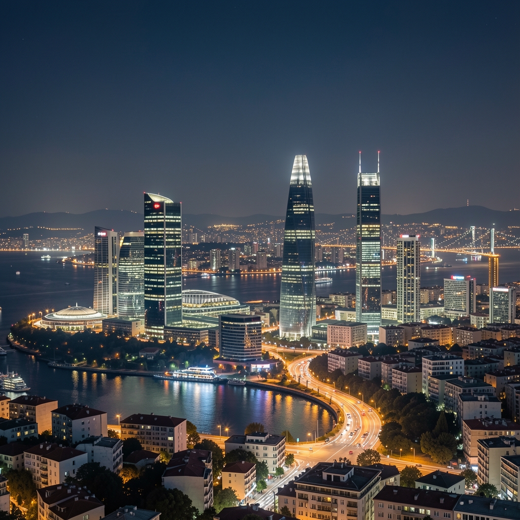 İstanbul finansal bölgesi gece manzarası, şehir ışıkları ve modern gökdelenler