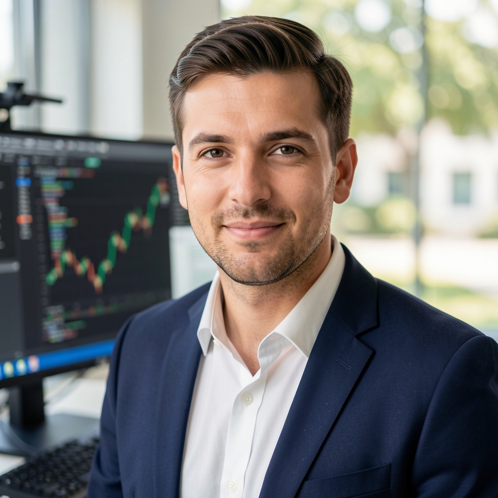 Veri analiz ekranları önünde çalışan 30 yaşlarında erkek veri bilimci ve finansal analist
